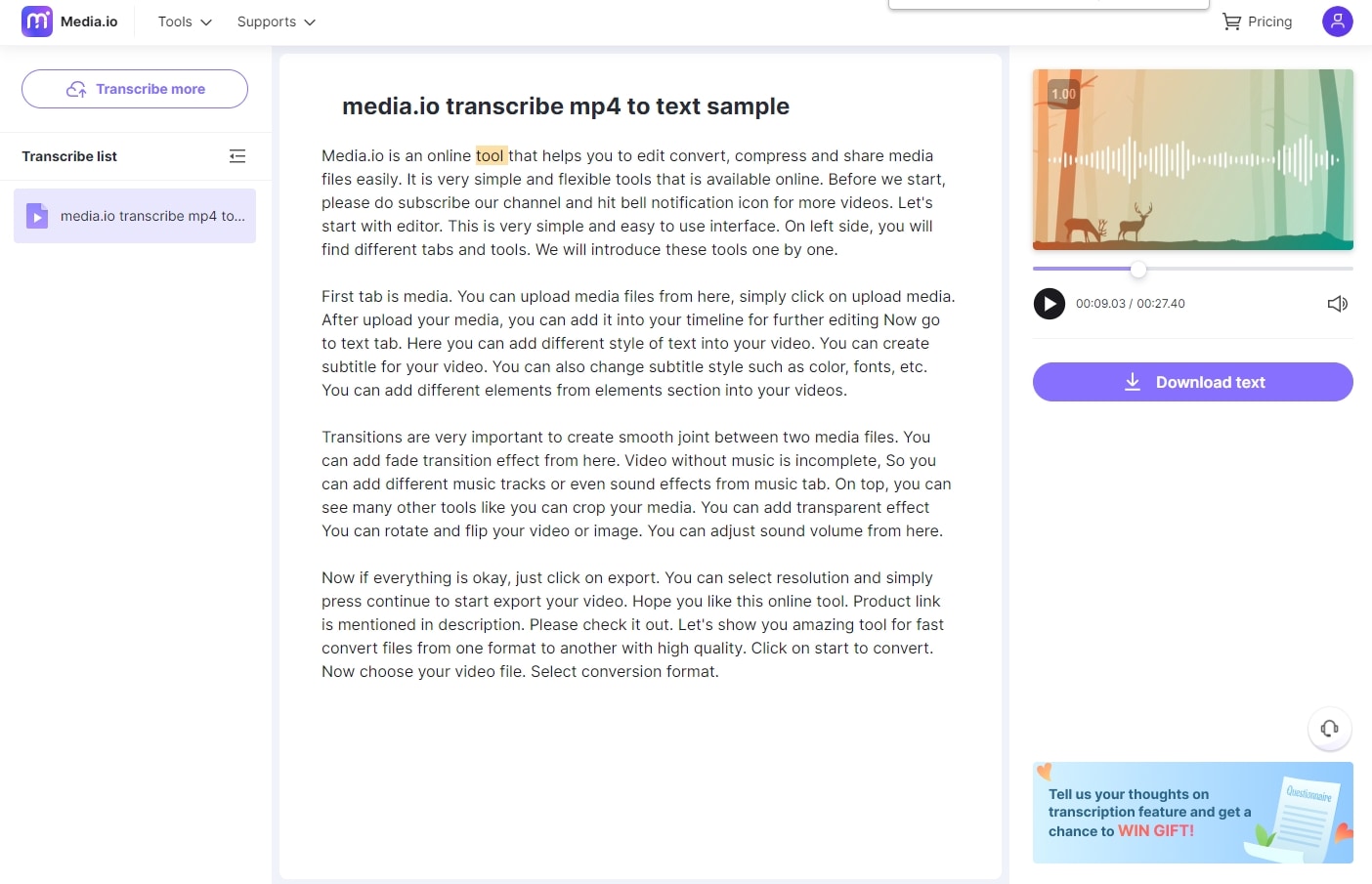 transcribe  audio or video to text in Media.io Transcription app