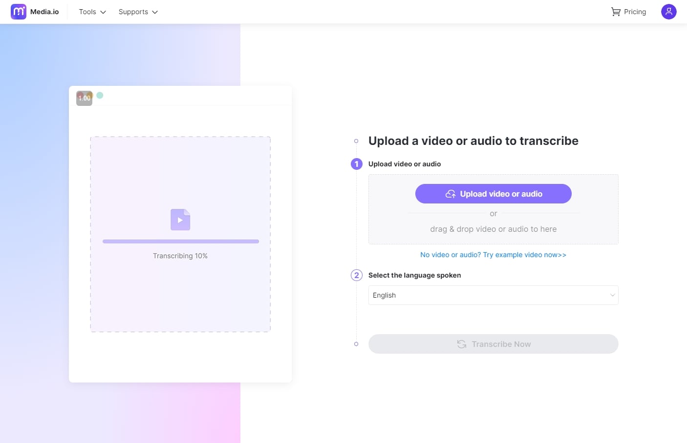 upload video and audio  to Transcription app in Media.io