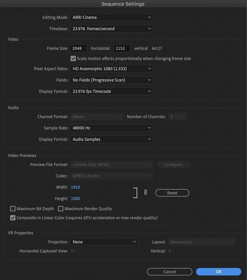 editing sequence settings premiere pro
