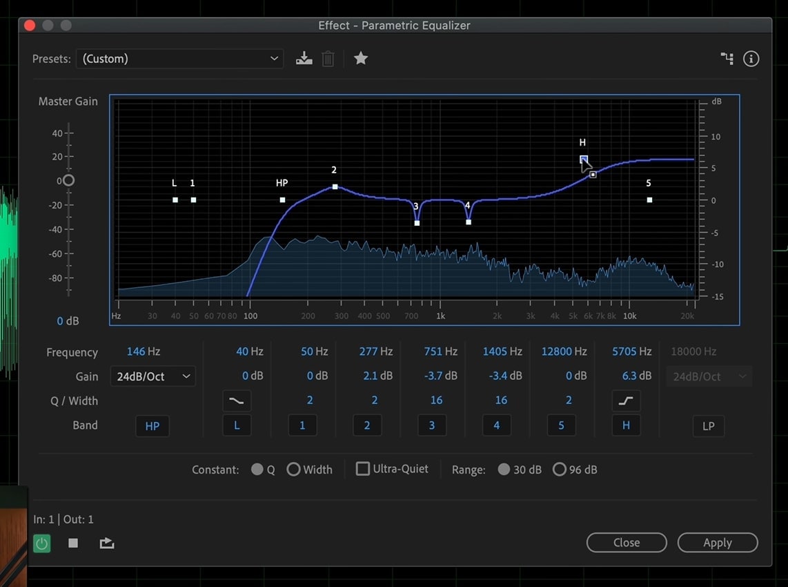 utilizzare la funzione di equalizzatore parametrico