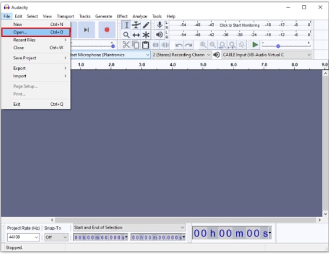 interface du menu de navigation d'audacity