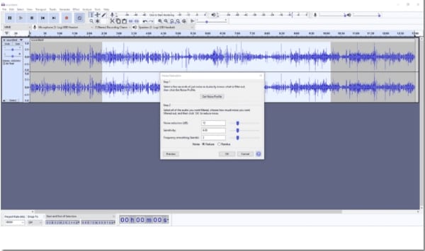 caixa de diálogo do redutor de ruidos da audacity