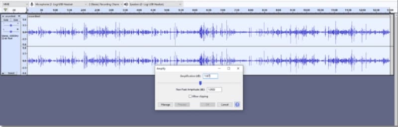 interface de boîte de dialogue audacity amplify