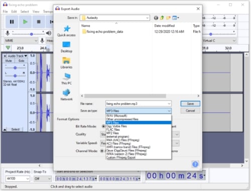 interface da exportação de áudio do audacity