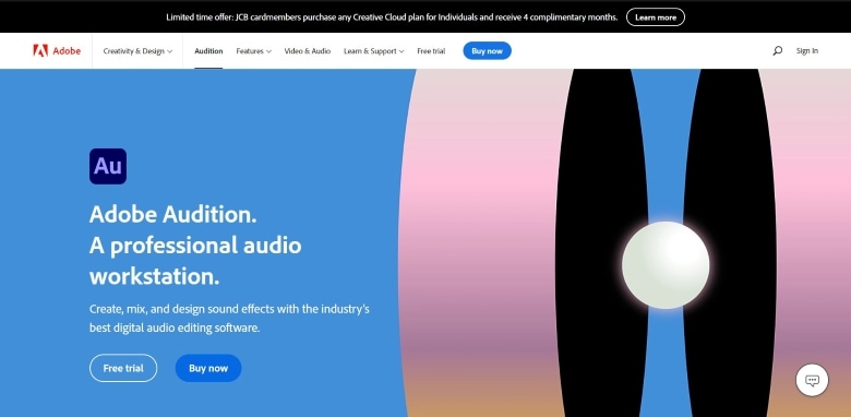 interfaz de la página web de adobe audition