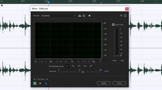 Interface efeito dereverb Adobe Audition