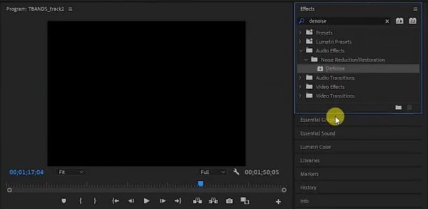 navegue para denoise no adobe premiere pro