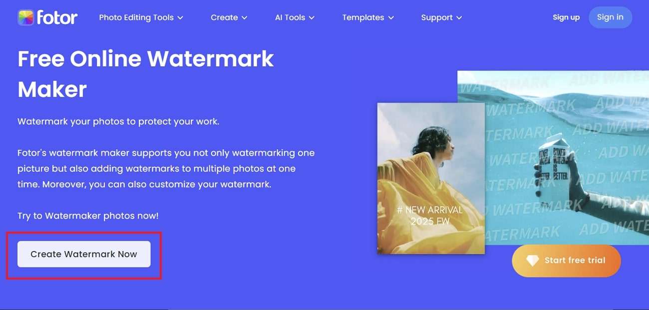 Clique em "Create Watermark Now" (Criar marca d'água agora).