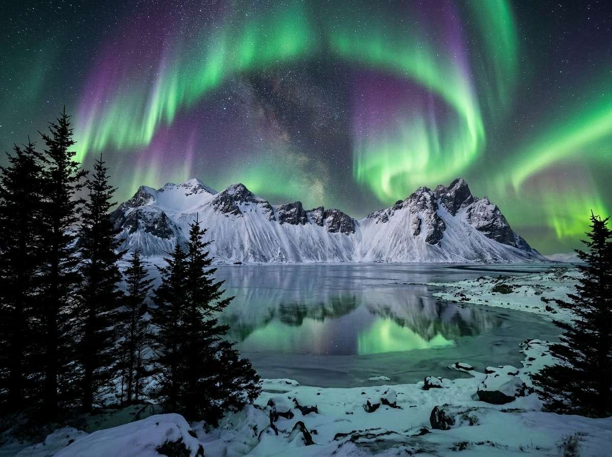 after - night mountain landscape with vivid aurora borealis added