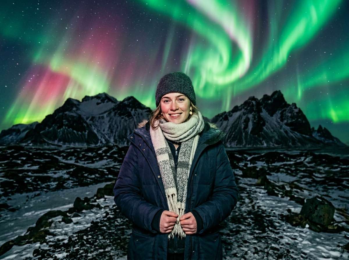 after - woman portrait with breathtaking aurora borealis glowing behind her