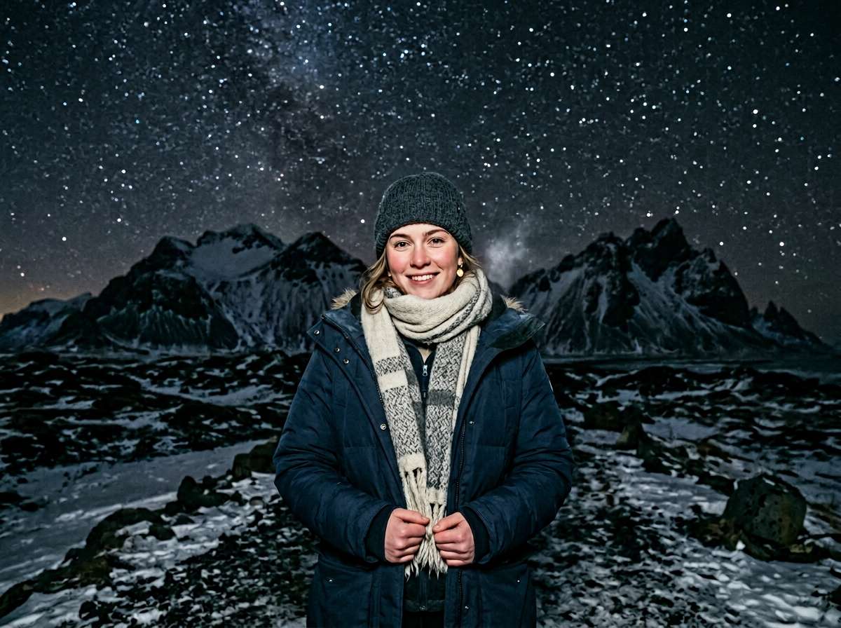 before - woman portrait at night without aurora borealis