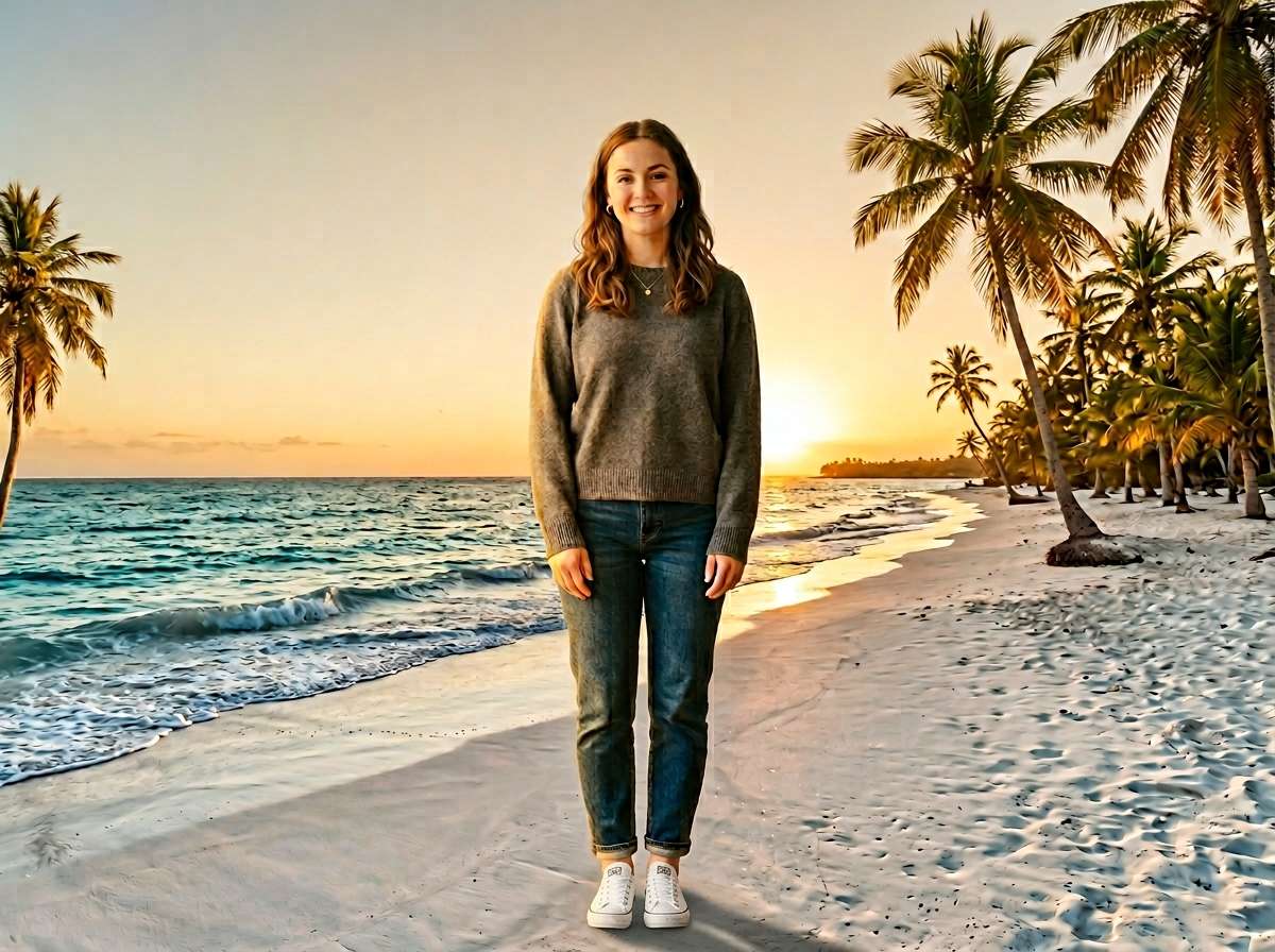 after - same woman portrait with AI-added golden hour tropical beach background, palm trees, and ocean waves