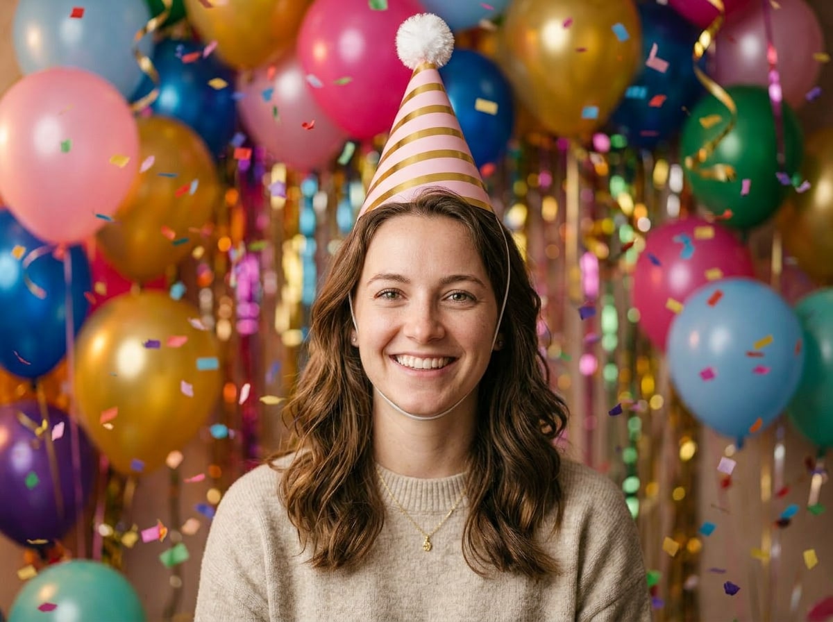 after - colorful birthday party hat added with balloons and confetti
