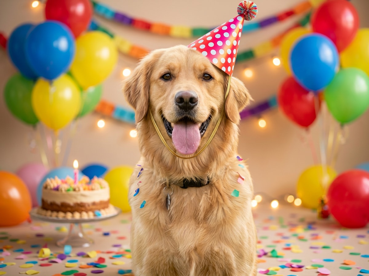 after - dog with colorful birthday hat balloons and party atmosphere