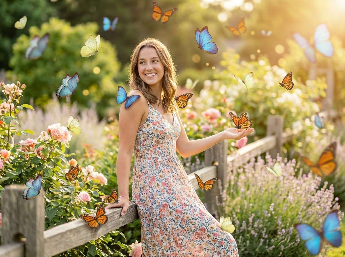 after - same woman portrait with AI-added colorful monarch butterflies fluttering around, magical garden atmosphere