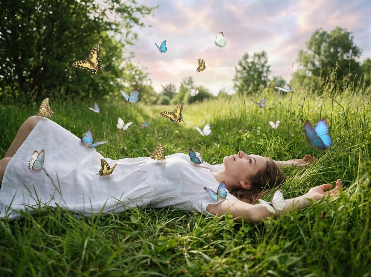 after - same woman in forest with AI-added magical blue butterfly swarm, enchanted fairy-tale atmosphere