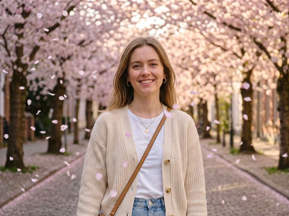 after - woman portrait surrounded by falling cherry blossom petals