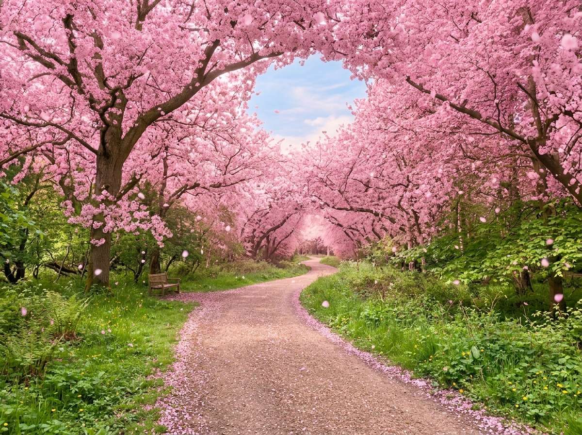 after - park pathway transformed into cherry blossom tunnel