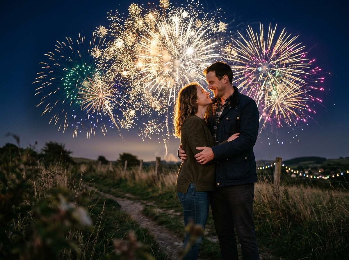after - couple with fireworks bursting in background sky added by AI