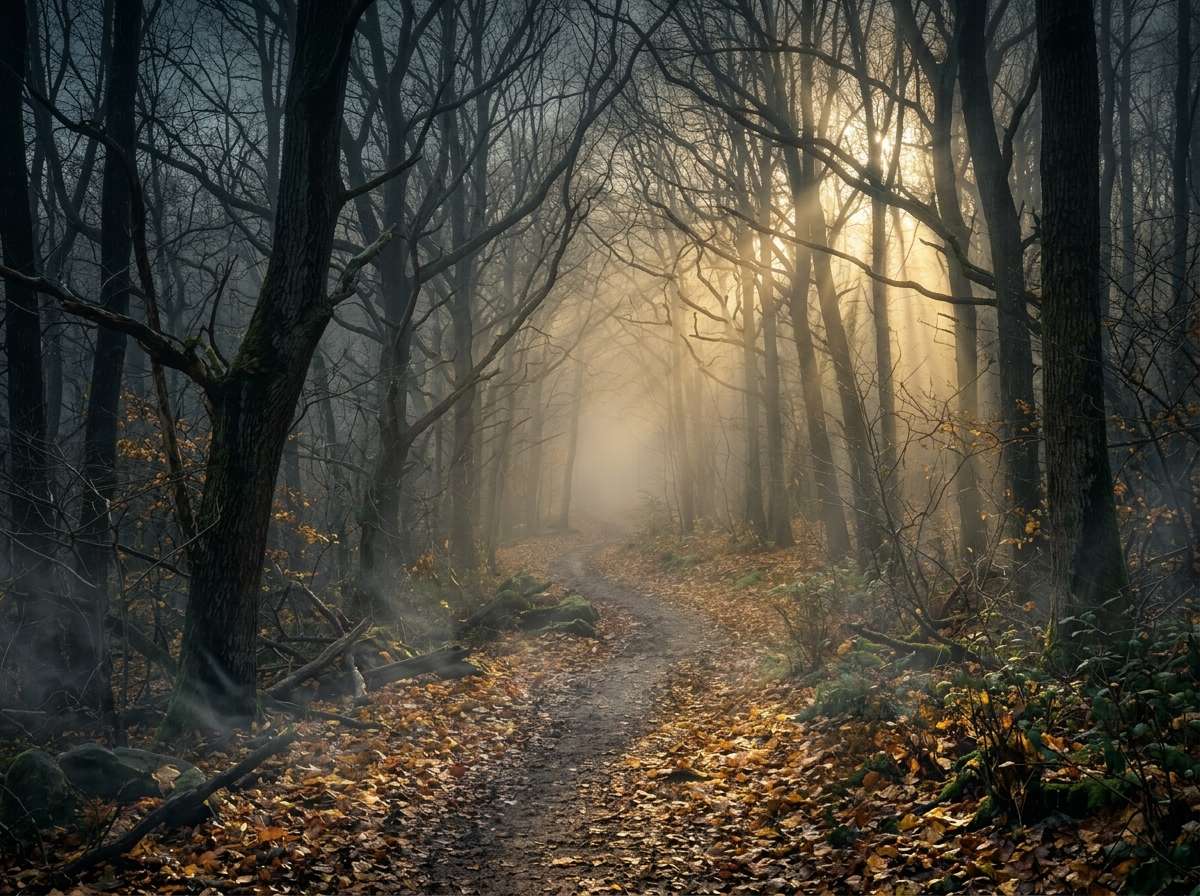 after - dark forest with dense rolling fog added