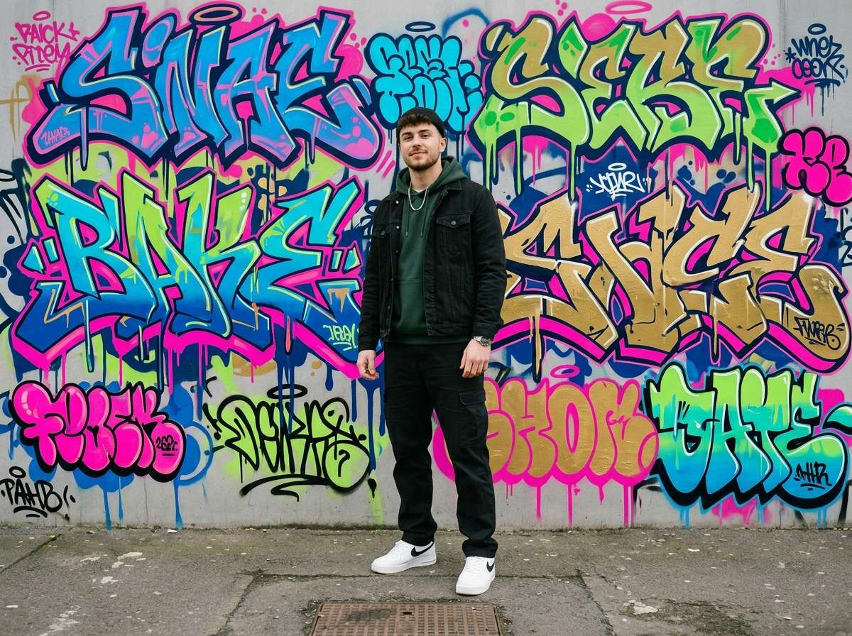 after - man in front of vibrant colorful graffiti wall added by AI