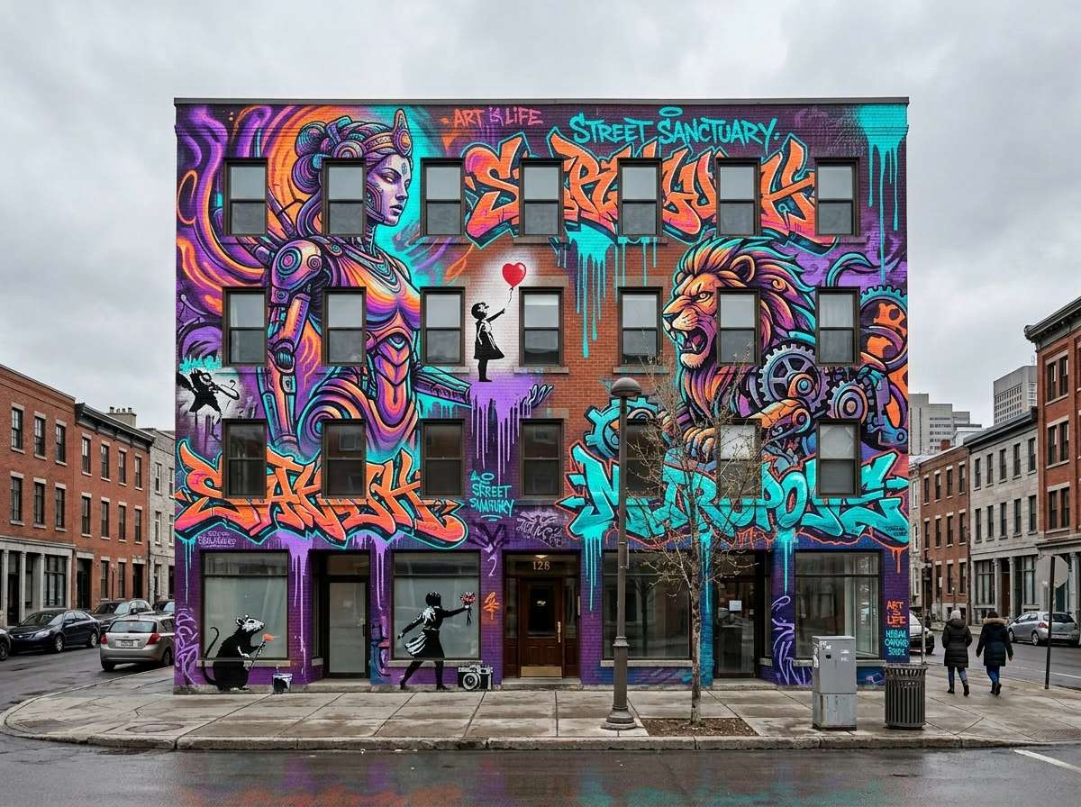 after - brick building covered in massive colorful graffiti mural added by AI