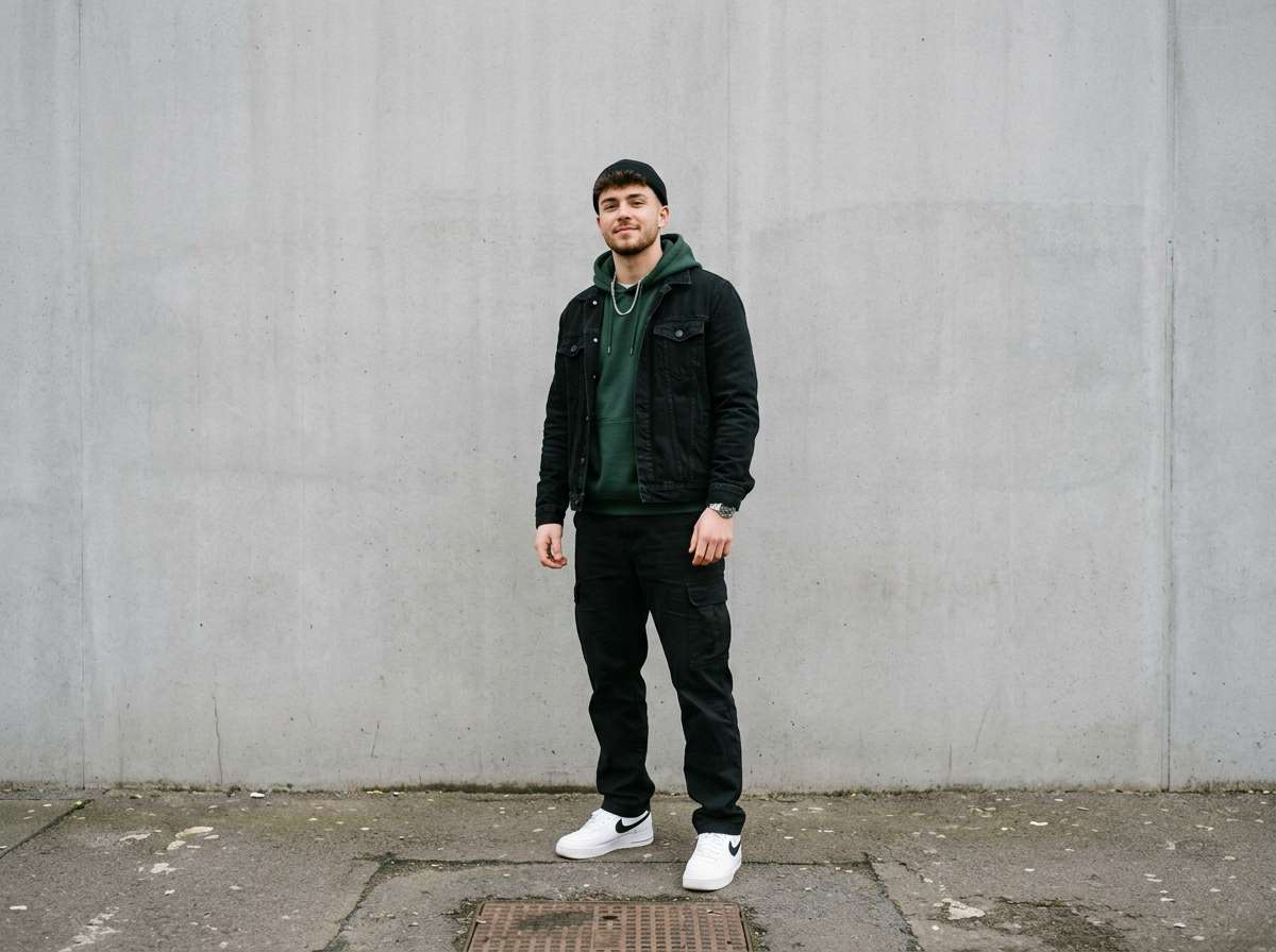 before - man standing in front of plain concrete wall