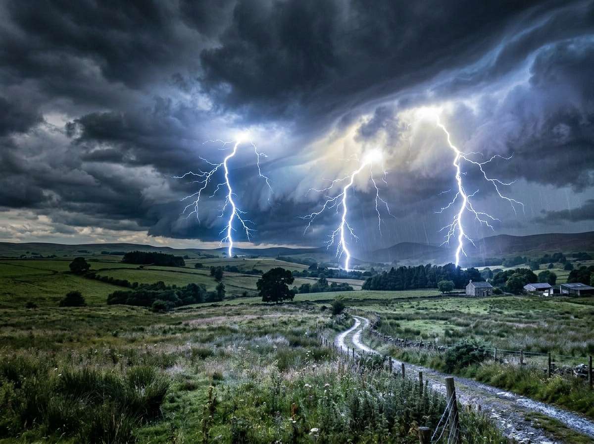 after - stormy landscape with dramatic lightning strikes added by AI