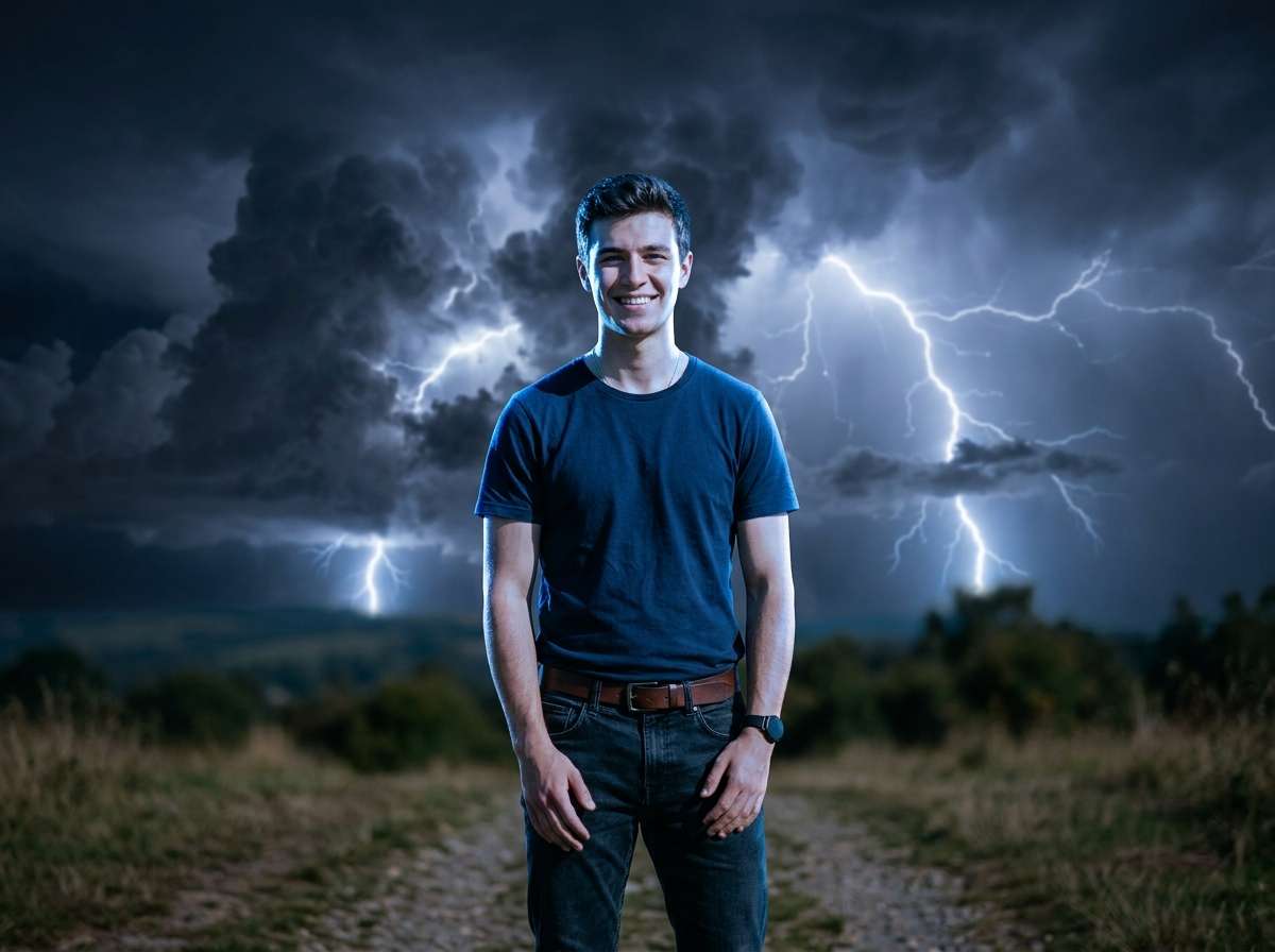 after - outdoor portrait with dramatic lightning bolts added to background sky by AI