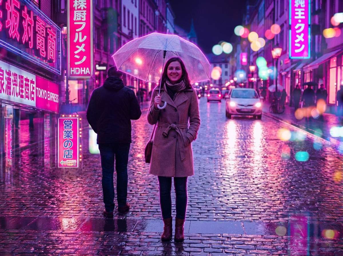 after - same woman on rainy city street with AI-added vivid pink and purple neon signs, neon rim light, colorful bokeh