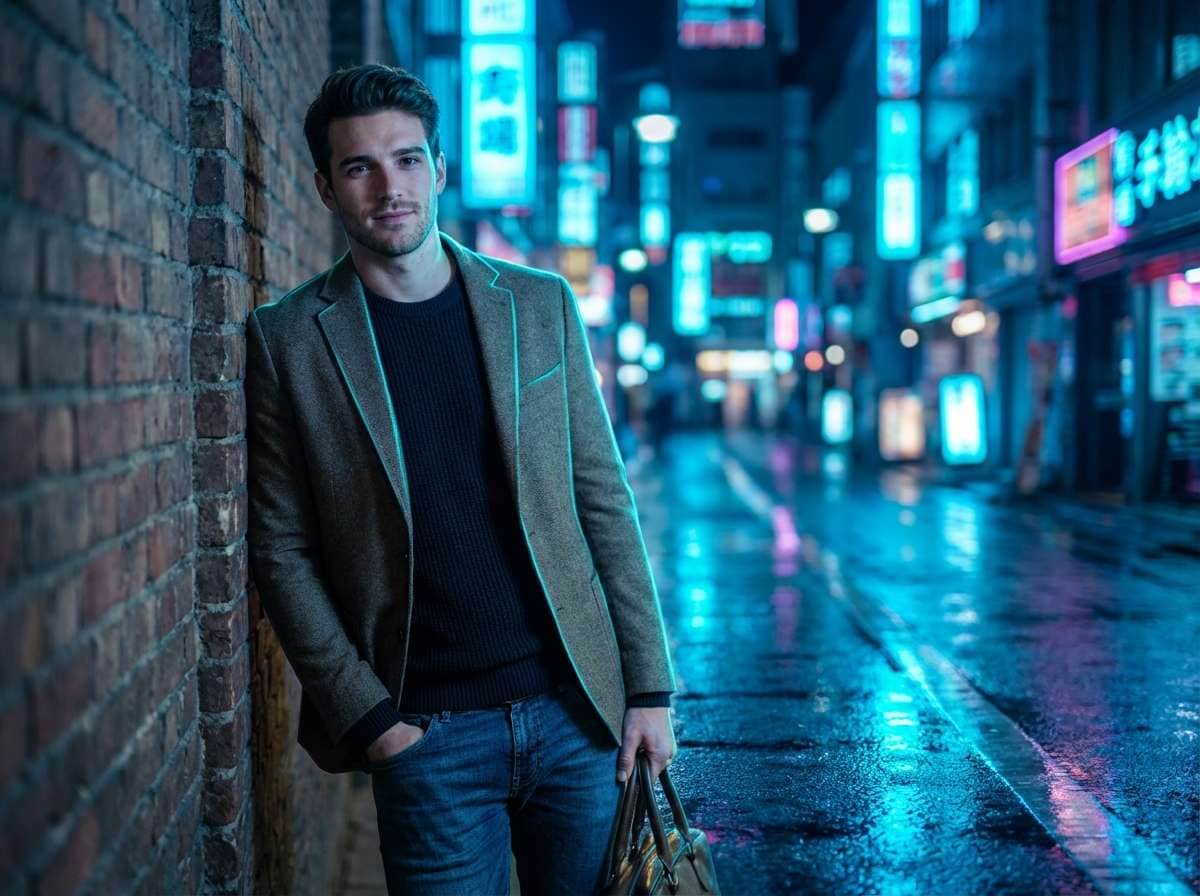 after - same stylish man on urban street with AI-added electric blue and cyan neon signs, neon reflections, futuristic atmosphere