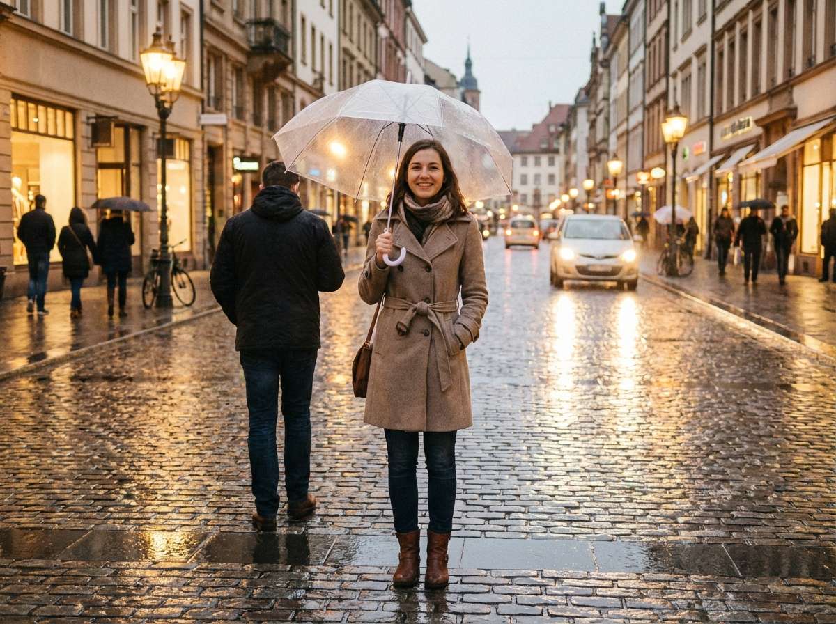 before - woman on rainy city street, natural lighting, no neon effects