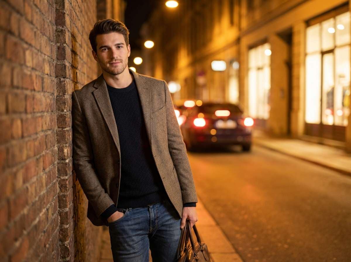 before - stylish man on urban street, natural lighting, no neon effects