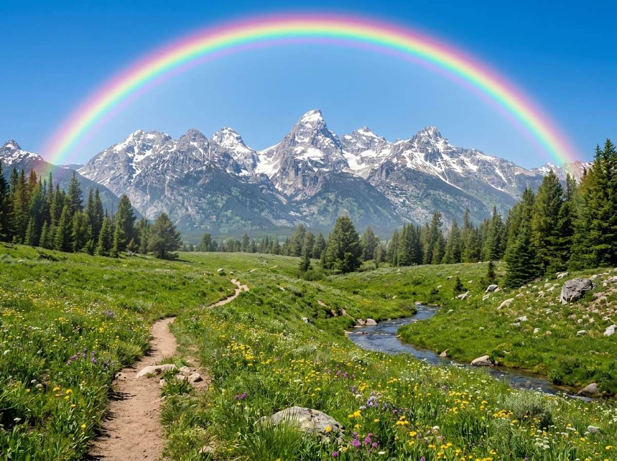 after - same mountain landscape with vibrant full arc rainbow added