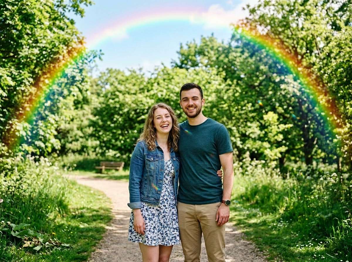 after - same couple with beautiful rainbow arc visible in sky behind them