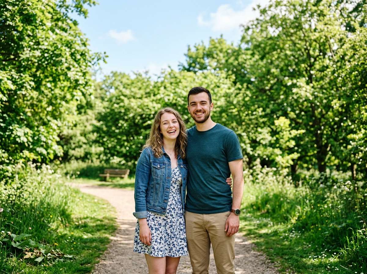 before - happy couple outdoors in park no rainbow