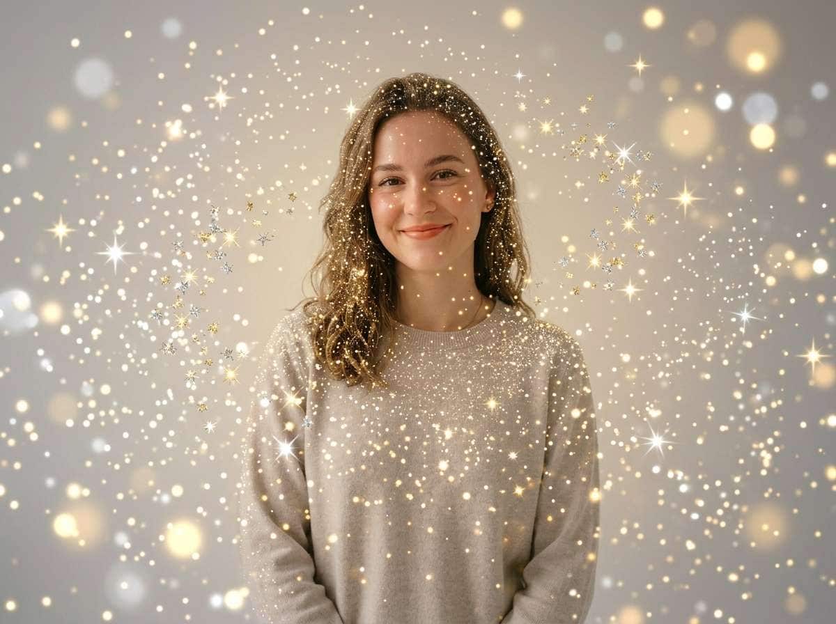 after - woman portrait surrounded by magical golden silver star sparkles and fairy dust added by AI