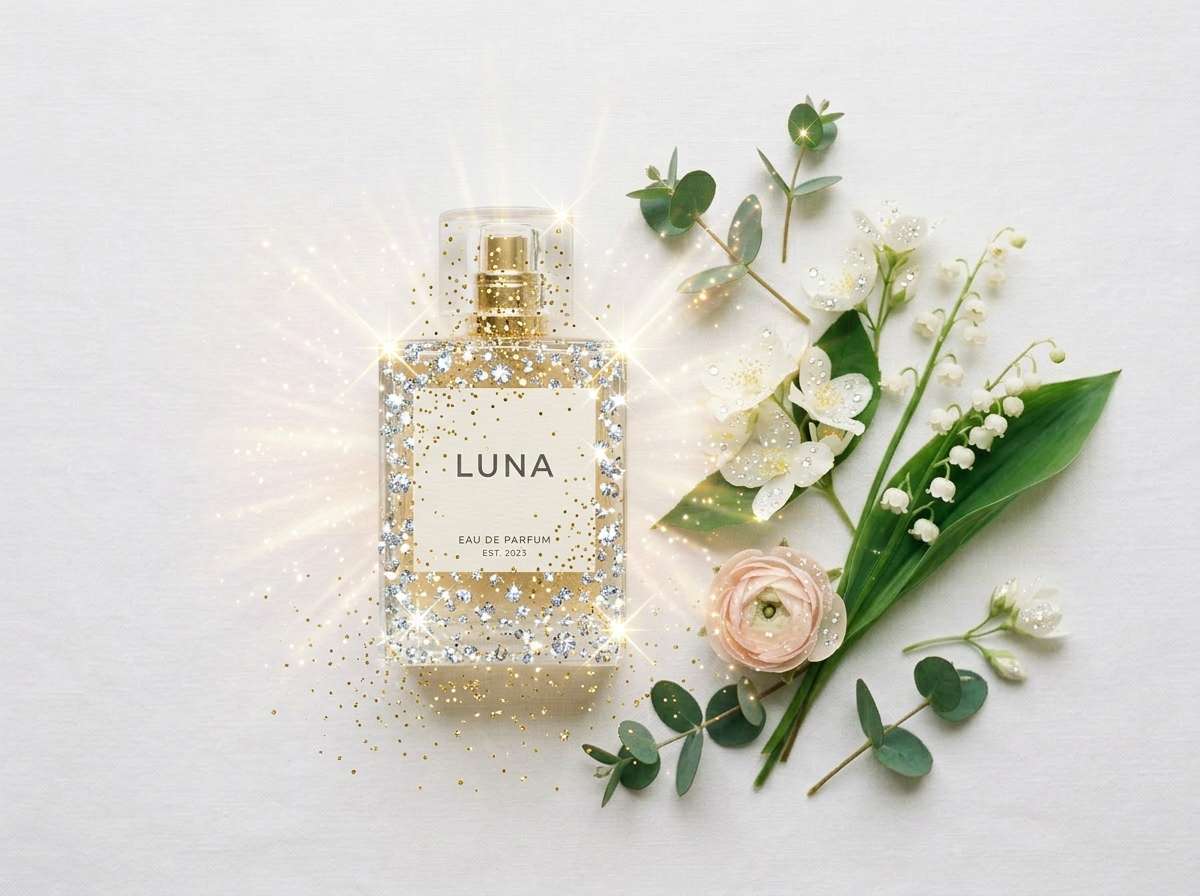 after - perfume product photo with dazzling diamond sparkles and golden glitter added by AI