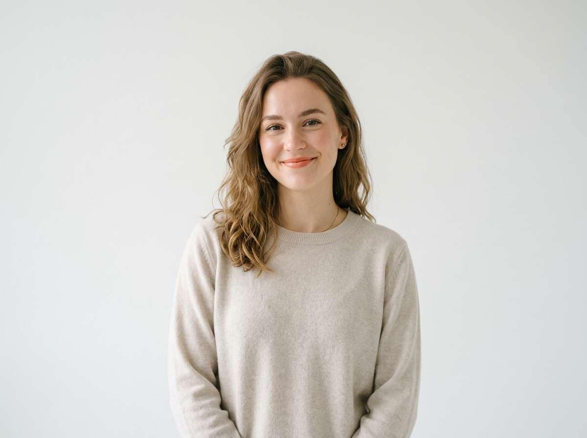 before - woman portrait with plain white studio background, no effects