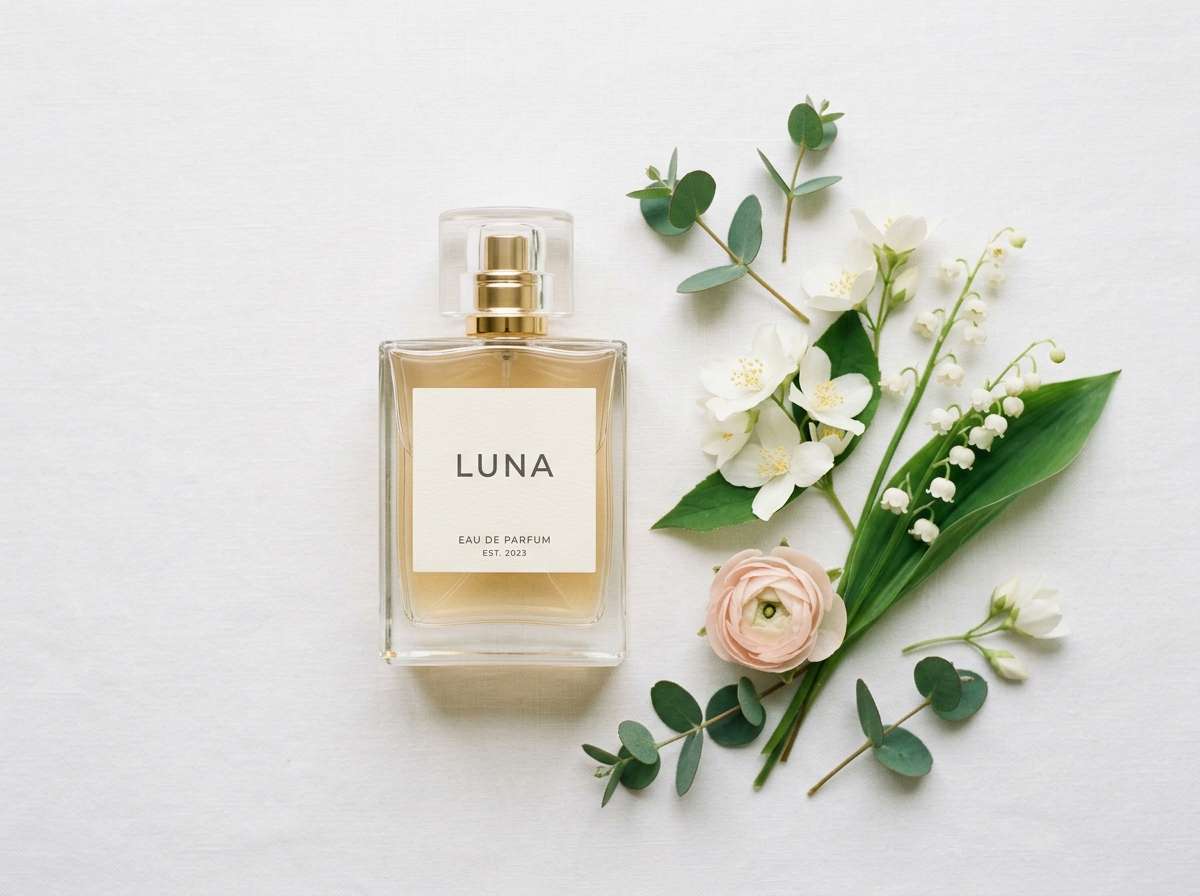 before - perfume bottle and flowers on plain white surface, clean minimal product shot