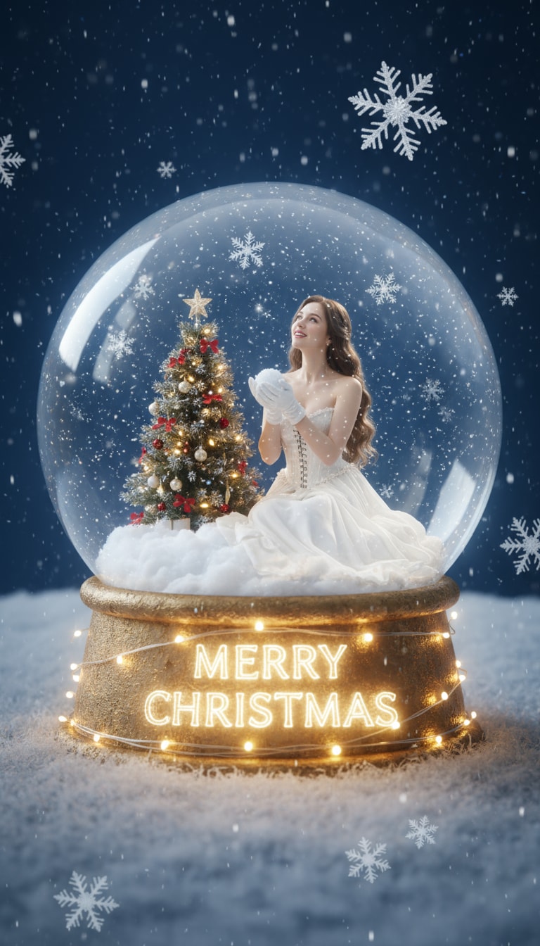 Woman in white dress inside snow globe – AI prompt sample