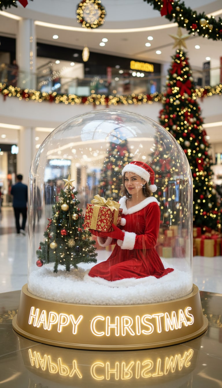 Pet in snow globe with Santa outside – AI prompt sample