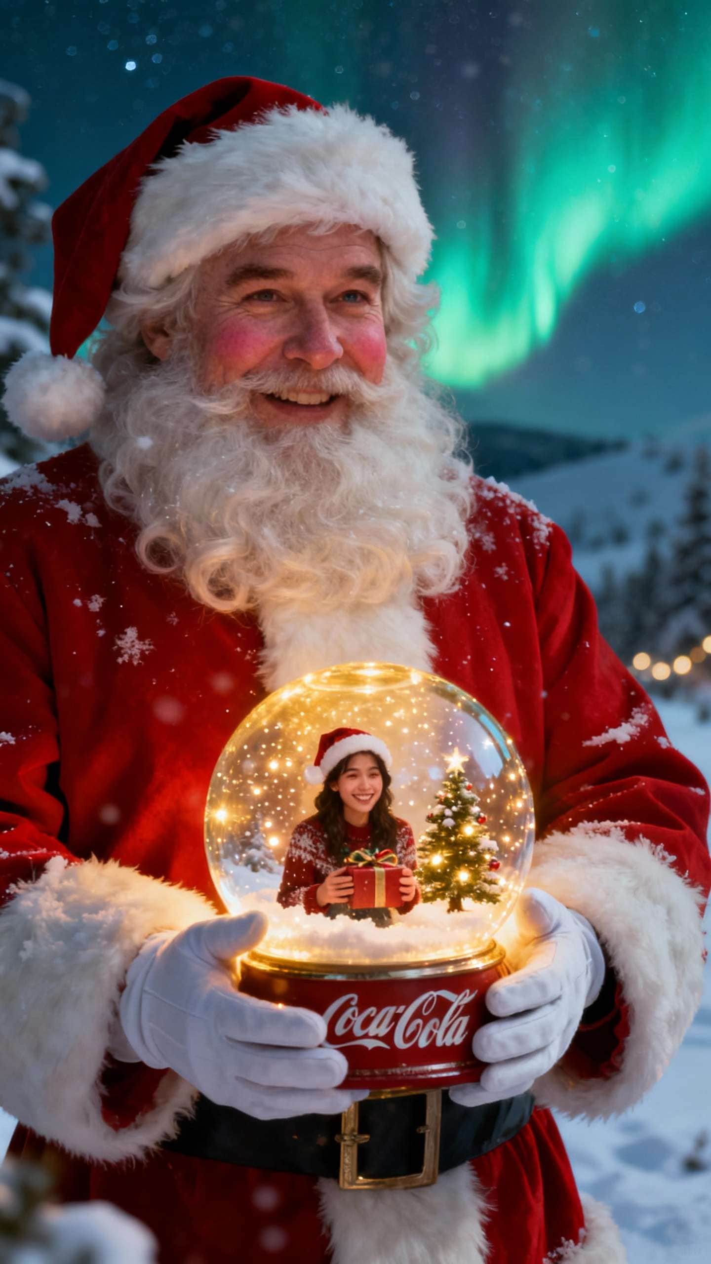 Santa holding snow globe with your face inside – AI prompt sample