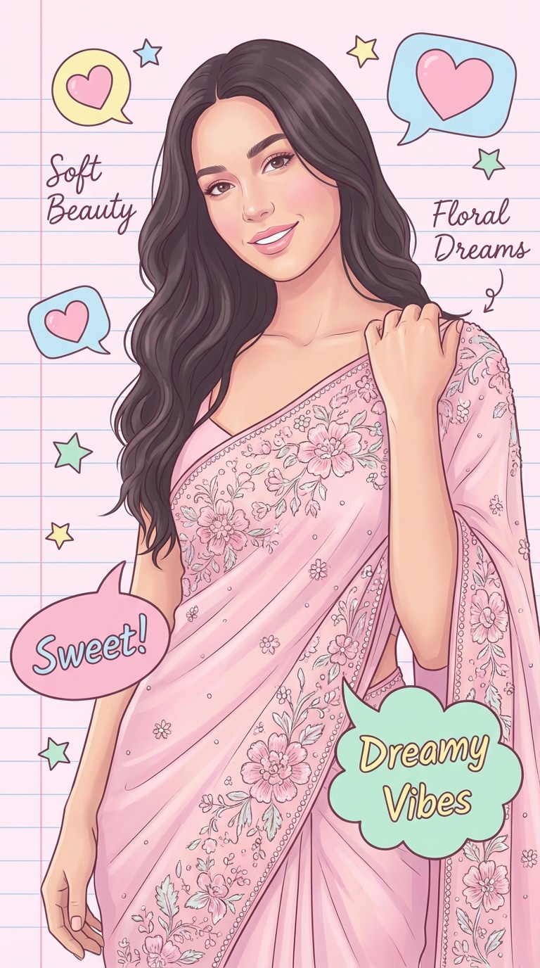 Digital Illustration Pastel Pink Sari