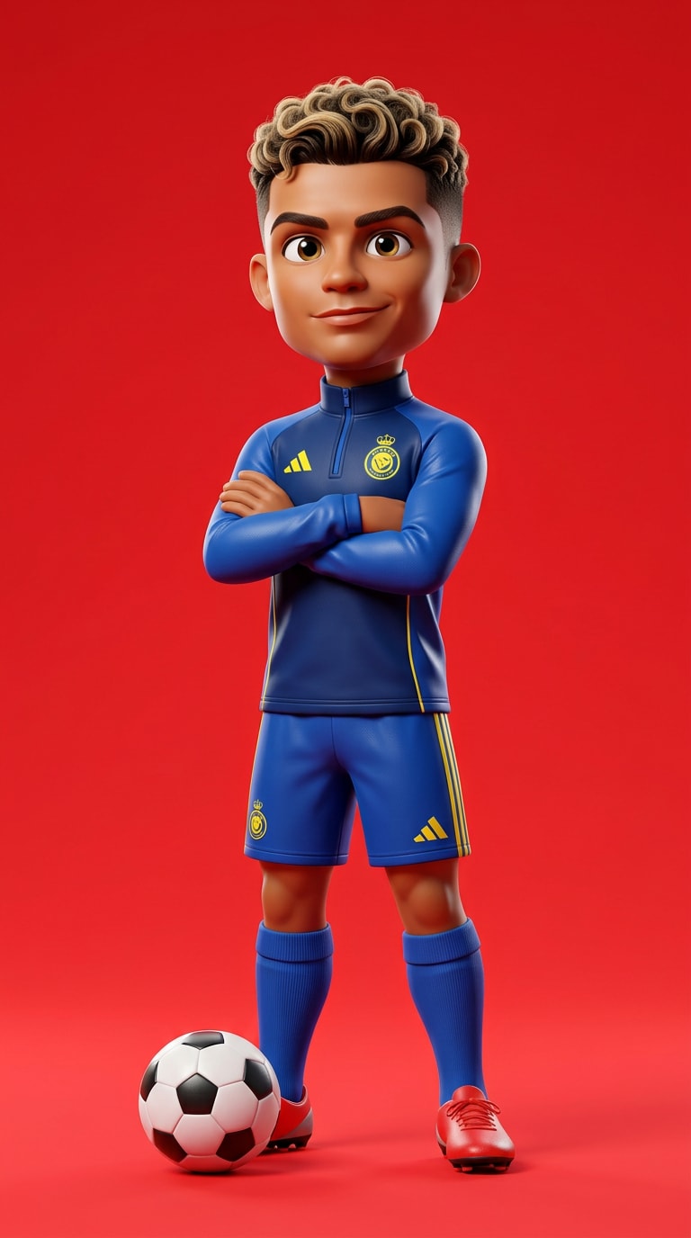 3D cartoon football avatar generated with ChatGPT prompt, Pixar-style soccer player, cinematic stadium lighting, glossy AI sports character aesthetic