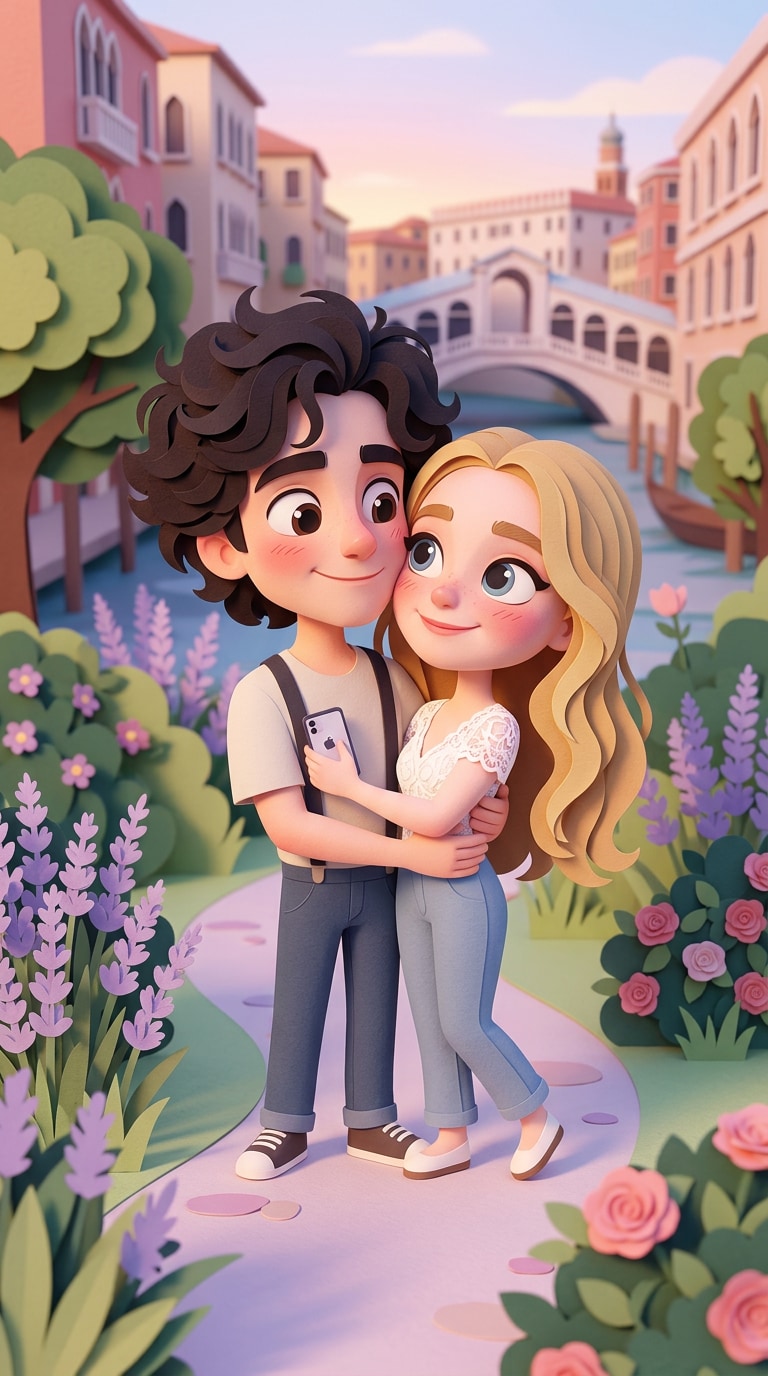 Cute layered garden diorama portrait in handcrafted paper art style