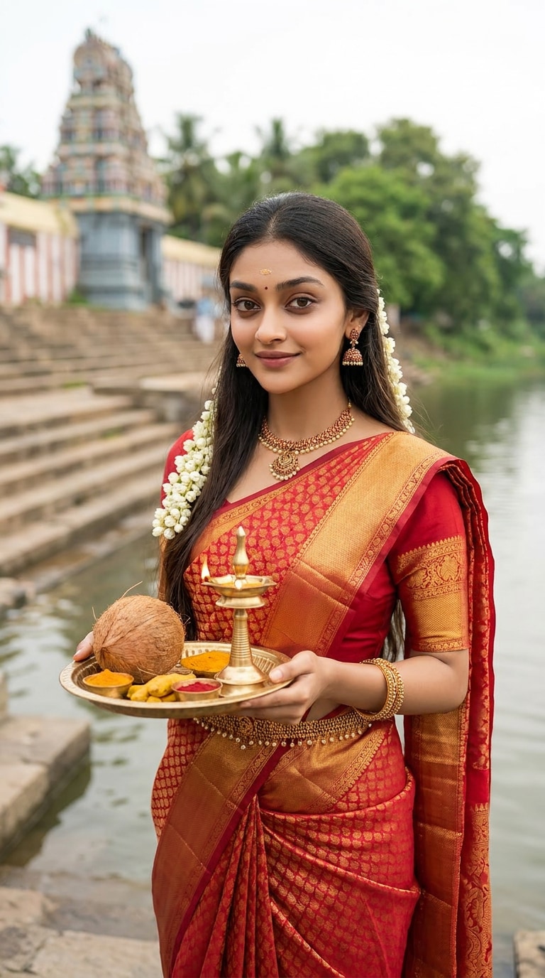 Traditional Tamil Saree Aadi Perukku Portrait Prompt