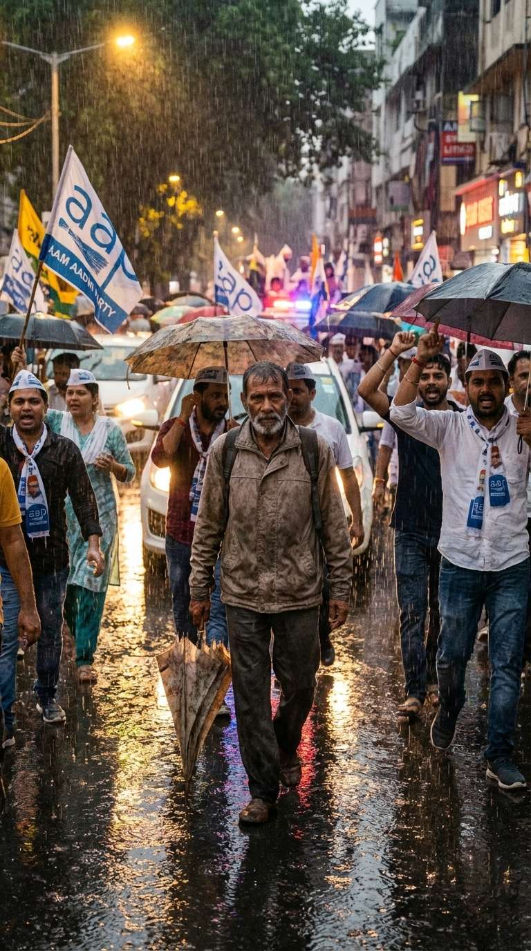 Rainy road rally AAP prompt