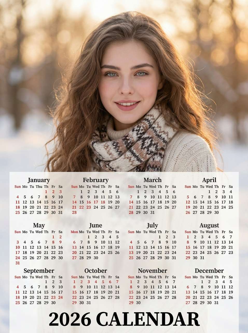 Realistic portrait 2026 calendar with holidays