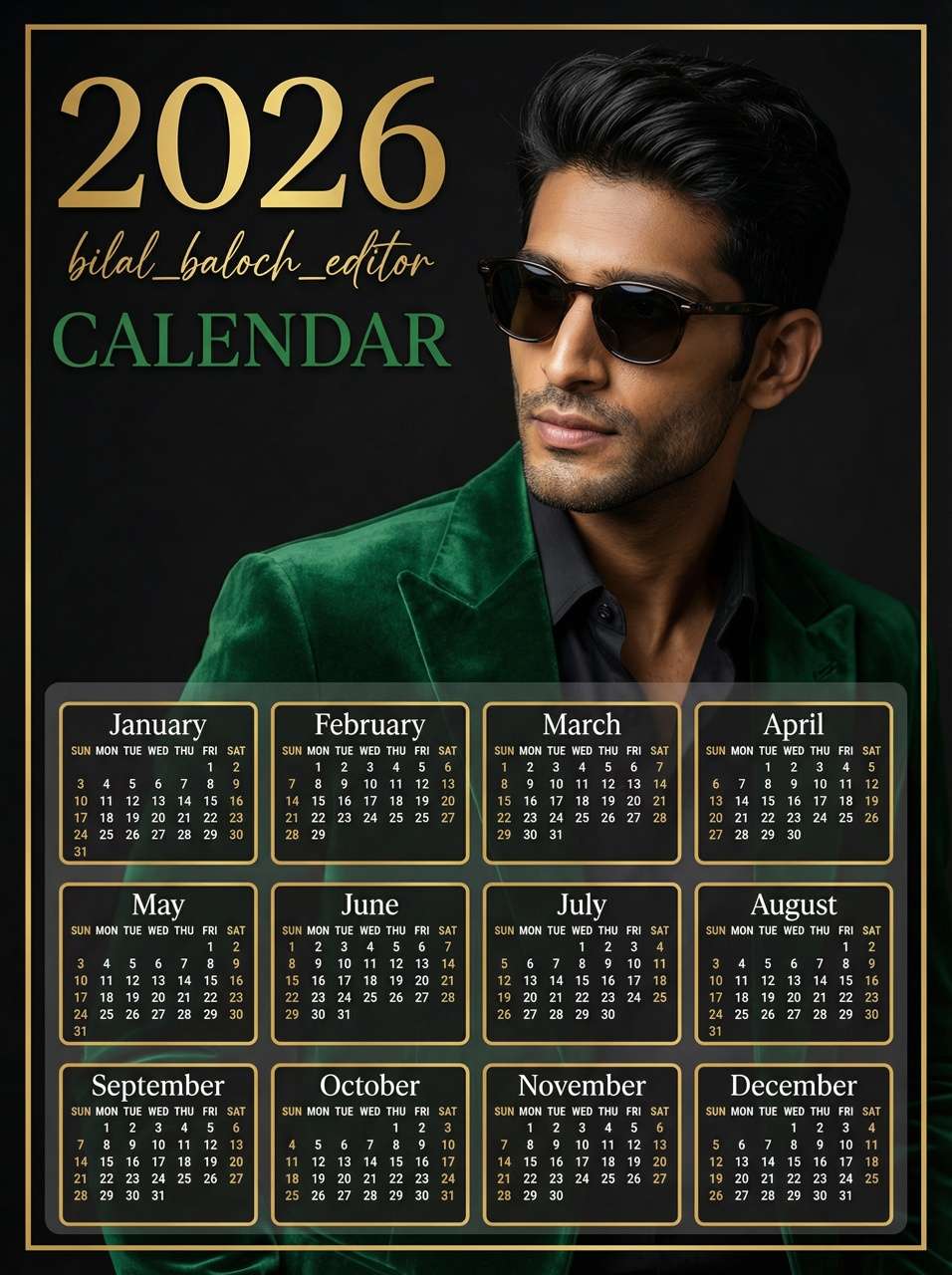 Luxury 2026 calendar design with gold frame